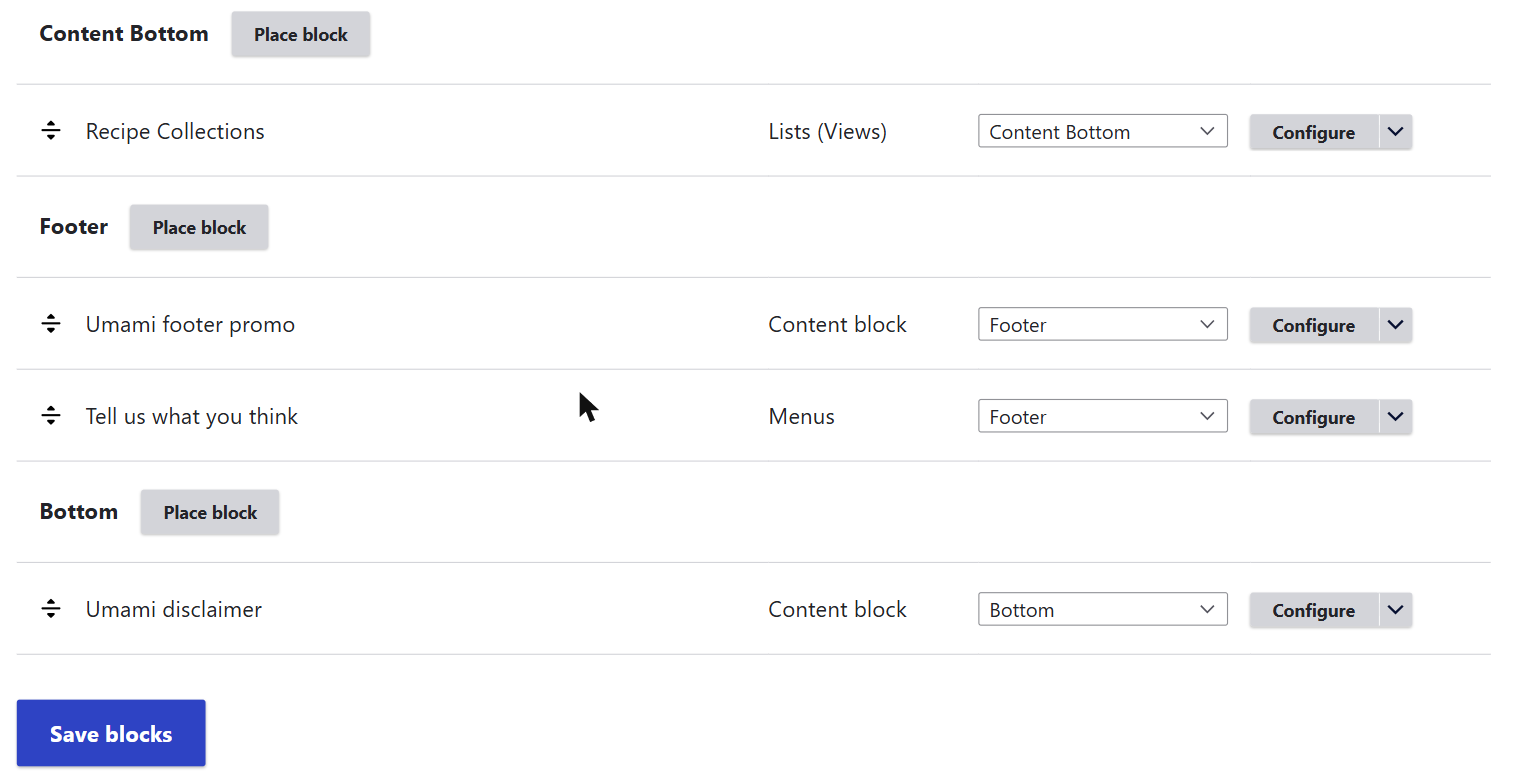 The Drupal Block layout screen showing the Footer region with its Place block button, the blocks already in it, and the Save blocks button
