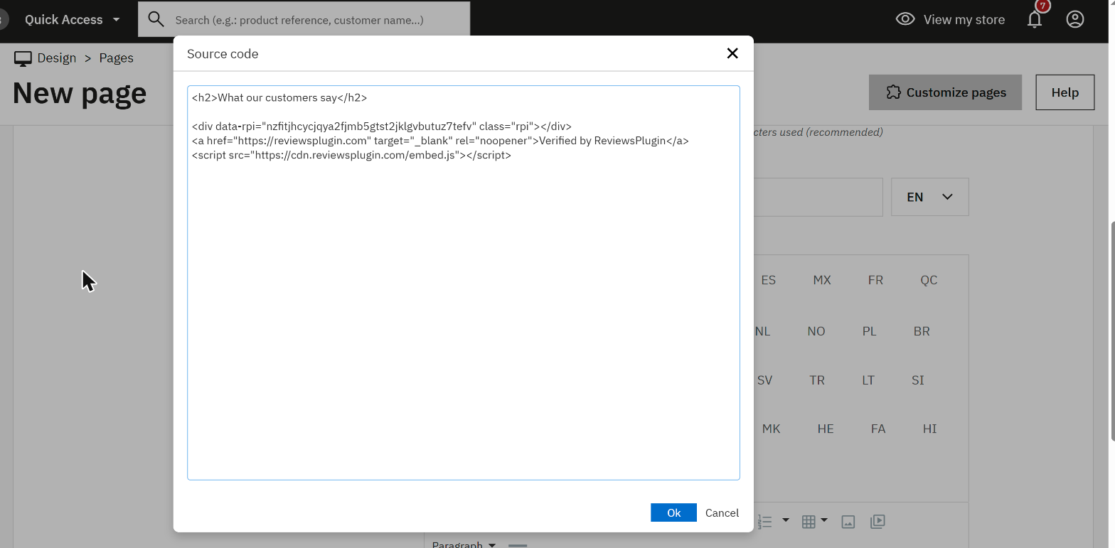 The PrestaShop back office with a new page open and the Source code dialog showing the pasted snippet