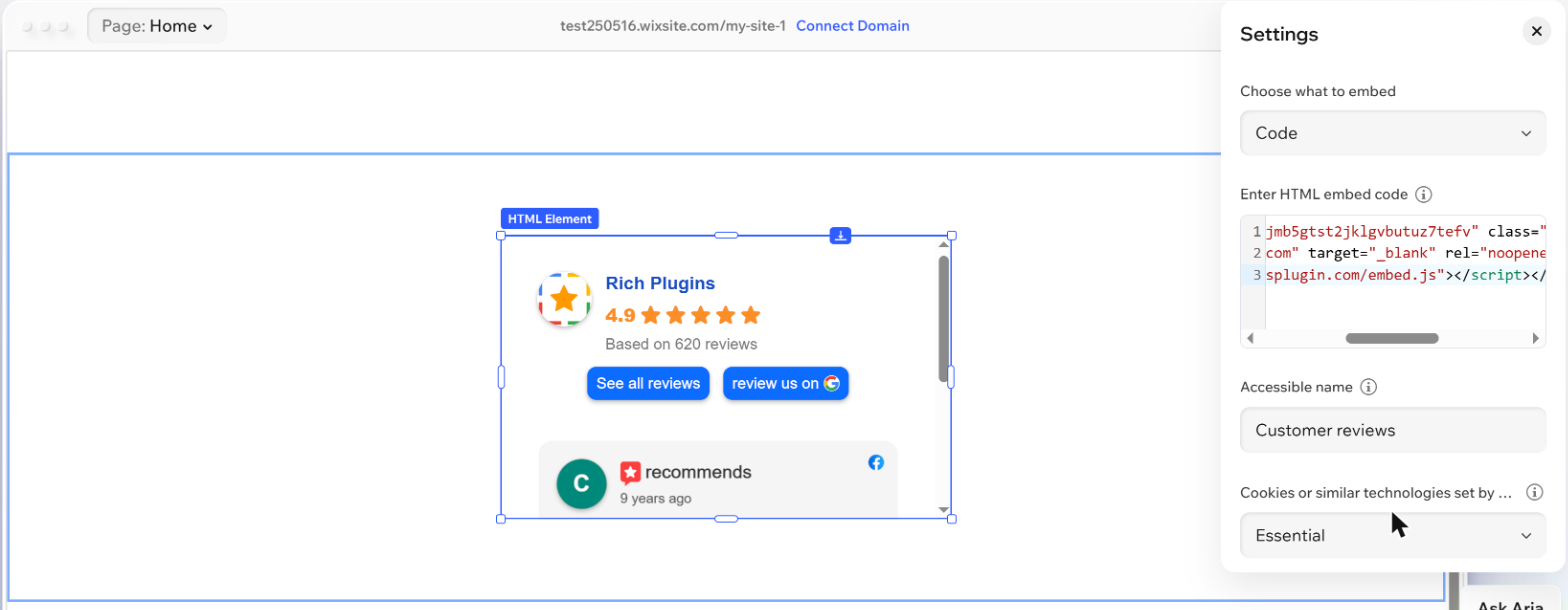 The Wix Harmony editor with an HTML Element on the canvas rendering the reviews widget, and its Settings panel open showing the pasted code, the Accessible name field and the cookie category dropdown