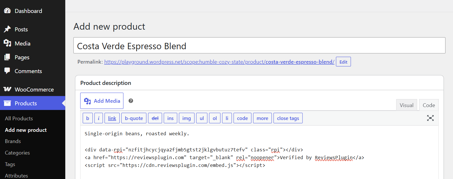 The WooCommerce product editor with the Product description box switched to the Code tab and the snippet pasted below the product copy