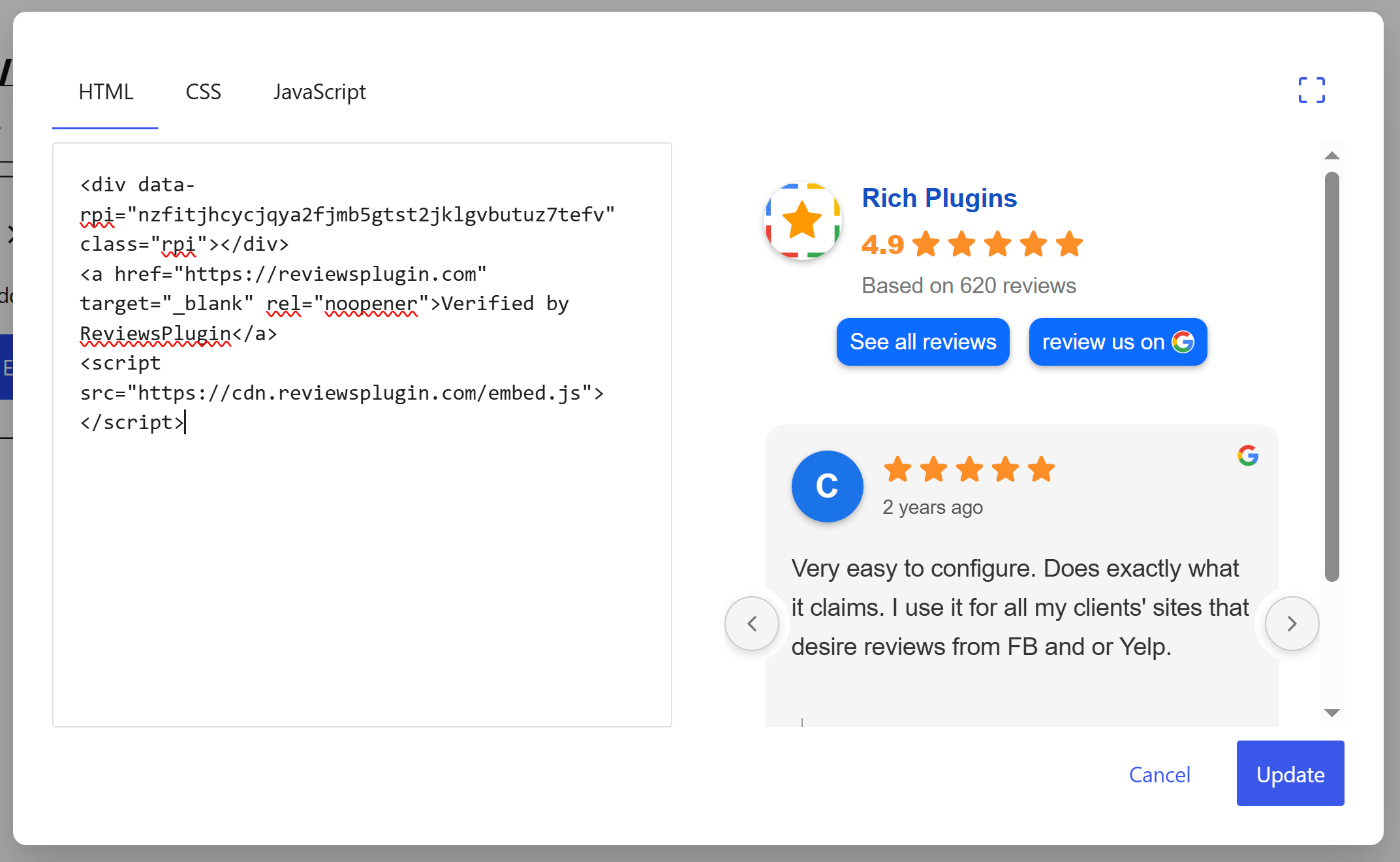 The WordPress Custom HTML editing window with HTML, CSS and JavaScript tabs, the snippet pasted in the HTML tab, and the widget rendering in the live preview beside it